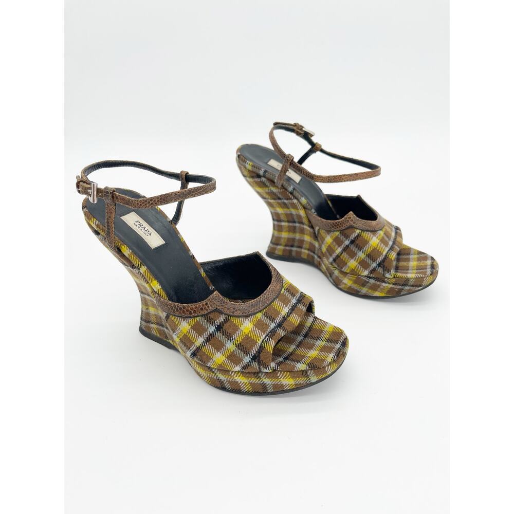 Prada Fall 2004 Runway Brown Yellow Plaid Preppy Sculptural Wedge Sandals IT 35 - Picture 2 of 14